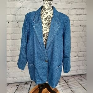 Joanna women's button front long sleeve blue jean jacket pockets size xl bb10